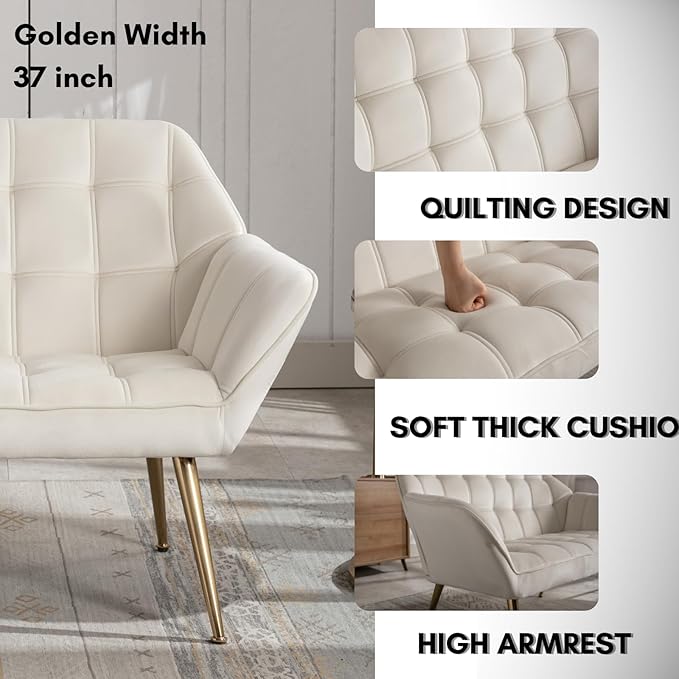 48”Small Loveseat Sofa, Modern Velvet Upholstered Mini Couch 2-Seater Fluffy Love Seat with Quilting Backs and Metal Legs for Small Space Living Room, Bedroom, Beige-CasaMuseHome