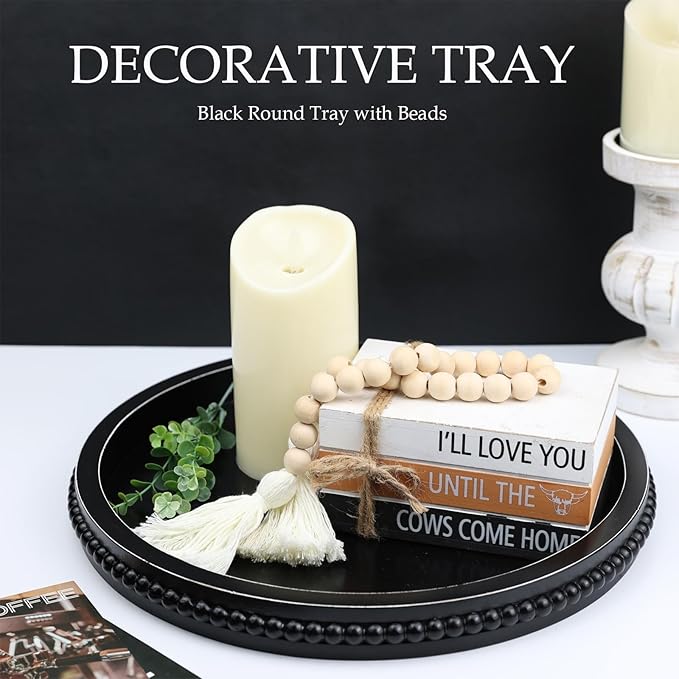 Round Black Wood Serving Tray with Beads, Wooden Decorative Tray for Entertaining, Decoration, and Gifting,-CasaMuseHome