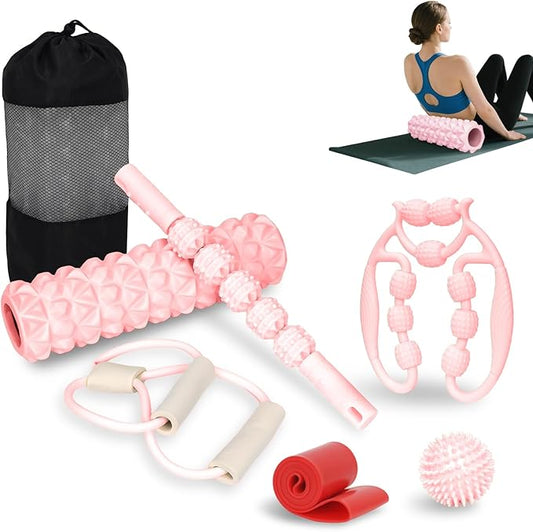 7 in 1 Foam Roller,Products Include Foam shafts,Muscle Roller Bars,Leg Massagers,Fascia Balls,Stretch Bands,8-Shaped Resistance Bands,are Used for Full-Body Relax,Yoga(White Pink Blue) (Pink)-CasaMuseHome