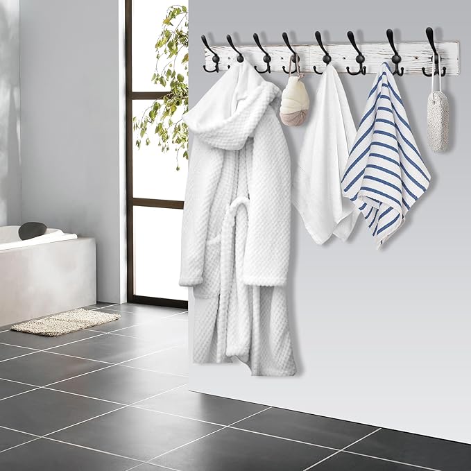 32.2'' Large Coat Rack Wall Mount Coat Hooks with 8 Metal Black Triple-Hooks Old White Pine Real Wood Plank Hat Rack for Wall Hooks-CasaMuseHome