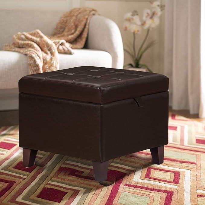Adeco 15.2" Modern Brown Faux Leather Storage Ottoman with Tufted Flip Top for Living Room, Tufted Accents Rectangular Bench for Foot Rest-CasaMuseHome