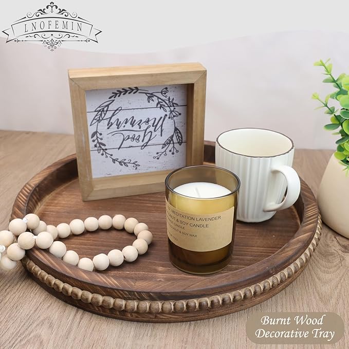 Round Burnt Wood Serving Tray with Beads, Wooden Decorative Tray for Entertaining, Decoration, and Gifting,-CasaMuseHome