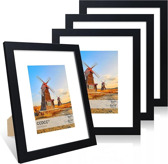 8x10 Picture Frame Set of 4, 8 x 10 Wood Photo Frames with Mat for 5x7, Wooden Frame with Real Glass Cover for Wall and Tabletop Display,Black-CasaMuseHome