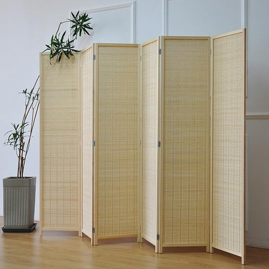 6 Panel Folding Room Divider Screen, Bamboo, for Separation, Beige, 67" H x 92.1" W-CasaMuseHome
