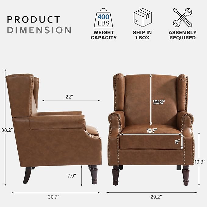 Accent Chairs, Faux Leather High Back Armchair setof 2 or Living Room, Comfy Upholstered Single Sofa Reading Chairs with Solid Wood Legs for Office, Bedroom, Waiting Room-Leather Brown-CasaMuseHome