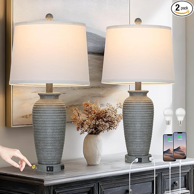 25" Grey Vintage Table Lamp Set of 2 Farmhouse Jar Table Lamps for Living Room，Touch Bedside Lamps with USB A+C Ports & AC Outlet, Pot Nightstand Lamps for Bedroom Living Room (LED Bulbs Included)-CasaMuseHome