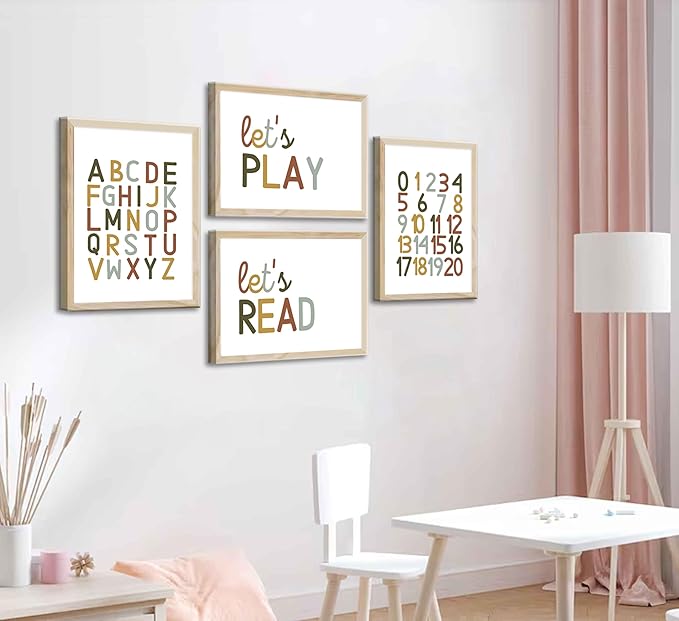 4 Pcs Boho Playroom Canvas Wall Art Nursery Toddler Educational Let's Read Let's Play Painting Pictures Wall Decor Posters Print Artwork for Girl Boy Childs Room Classroom Home Decoration Unframed-CasaMuseHome
