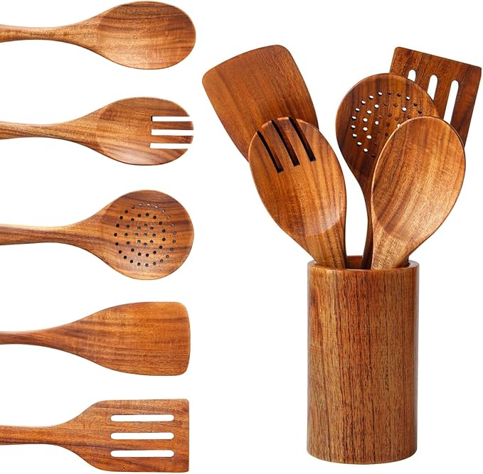 6 PCS Wooden Spoons for Cooking - Teak Wooden Cooking Utensils Set with Holder - Non-Stick, Soft Grip, Ergonomic Design - Natural Finish-CasaMuseHome