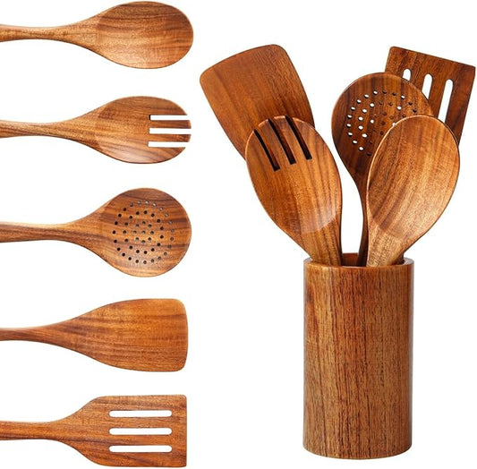 6 PCS Wooden Spoons for Cooking - Teak Wooden Cooking Utensils Set with Holder - Non-Stick, Soft Grip, Ergonomic Design - Natural Finish-CasaMuseHome