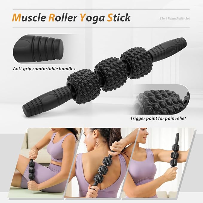 5 in1 Foam Roller Set, Trigger Point Foam Roller, Massage Roller Stick, Massage Ball, Resistance Band for Deep Muscle Massage Pilates Yoga,Fitness Exercise for Whole Body (Pure Black)-CasaMuseHome