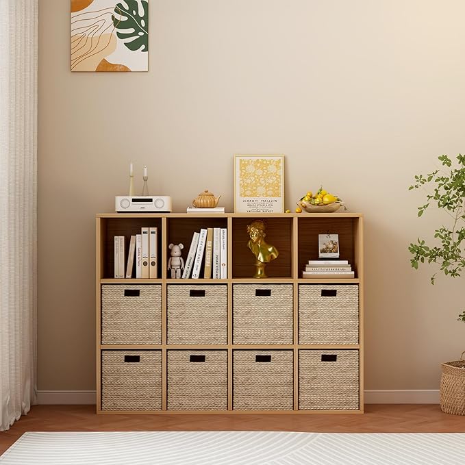 12-Cube Storage Shelf Bookcase - Wooden 3-Tier Floor Standing Open Bookshelf for Home and Office, Display Cabinet, Oak-CasaMuseHome