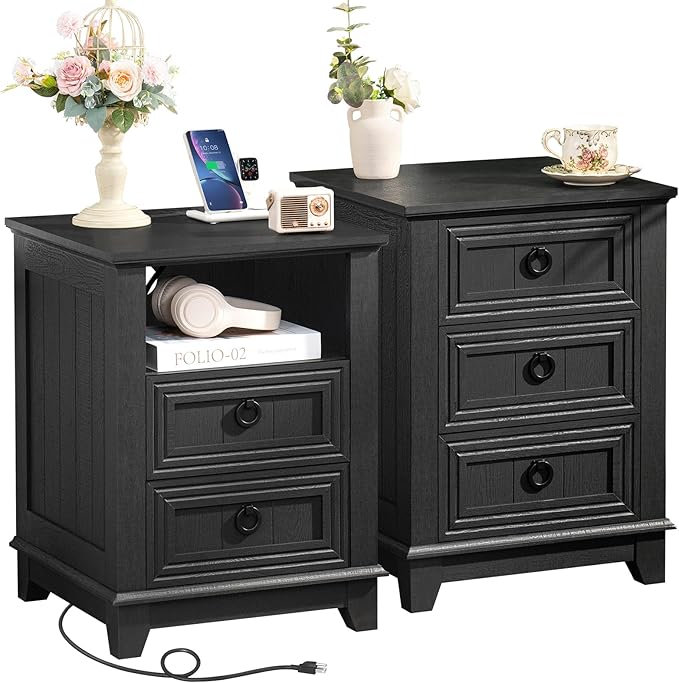 18" Night Stands Set of 2 with Charging Station, Farmhouse 2 & 3 Drawers End Table Dresser for Bedroom, Black Wooden Nightstand, Bed Side Table with Open Shelf, Bedside Cabinet for Living Room-CasaMuseHome