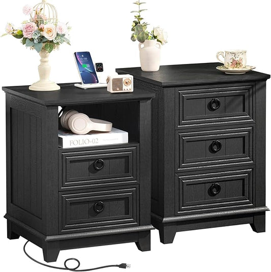 18" Night Stands Set of 2 with Charging Station, Farmhouse 2 & 3 Drawers End Table Dresser for Bedroom, Black Wooden Nightstand, Bed Side Table with Open Shelf, Bedside Cabinet for Living Room-CasaMuseHome