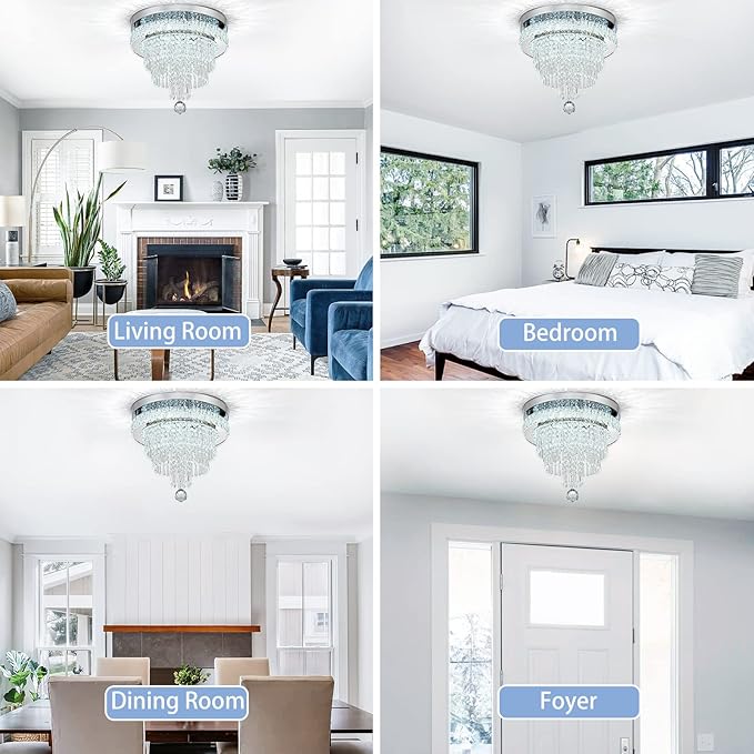 16“ Crystal Chandeliers Round Modern LED Chandelier Light Flush Mount Ceiling Light Fixtures with Remote Control for Bedroom Living Room Dining Room (dimmable)-CasaMuseHome