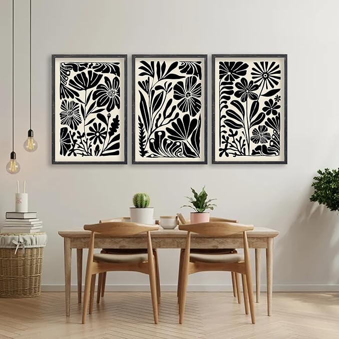 Abstract Floral Botanical Wall Art 16x11 Inch 3 Piece Black Vintage Boho Plant Flower Minimalist Wood Frame Sign Home Living Room Family Office Mid Century Print Wall Hanging Decor (Black)-CasaMuseHome
