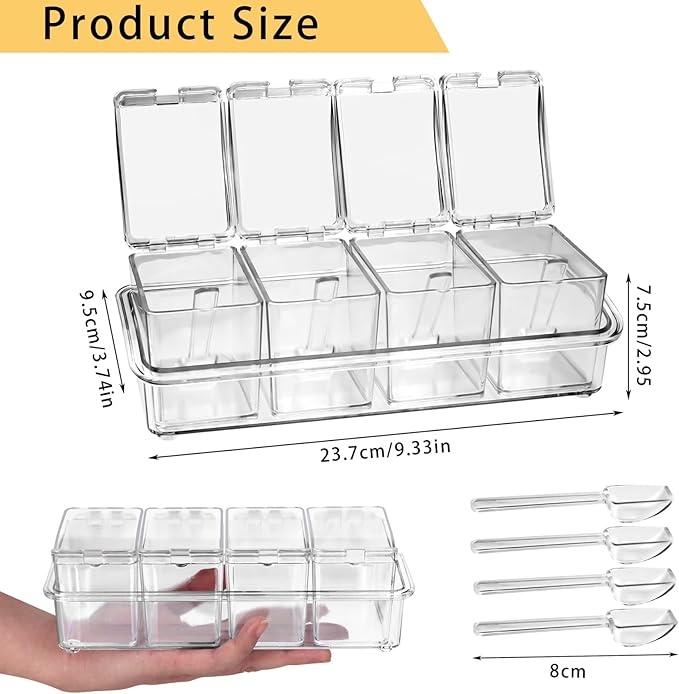 4-Cell Clear Seasoning Rack Spice Box, Storage Container Condiment Jars Acrylic Seasoning Box with Cover and Spoon (Basic Clear)-CasaMuseHome