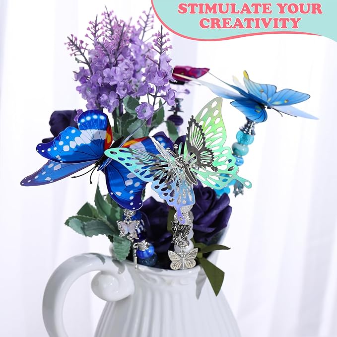 380pcs Beaded Garden Stake, DIY Butterfly Fairy Wand Garden Stake Kit with 10IN Threaded Rod Crystal Stopper Top Large Holes Beads Butterfly Decoration Pendants Outdoor Fairy Garden kit-CasaMuseHome