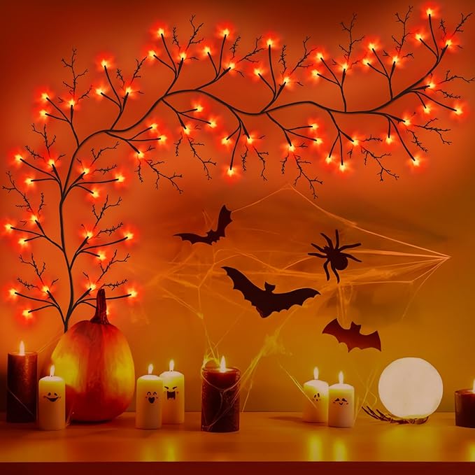 7 Ft Halloween Decorations Willow Vine Twig Garland with 8 Modes Timer 63 LED Orange Lights, Halloween Garland with Waterproof Battery Operated for Wall Fireplace Decorations Indoor Outdoor-CasaMuseHome