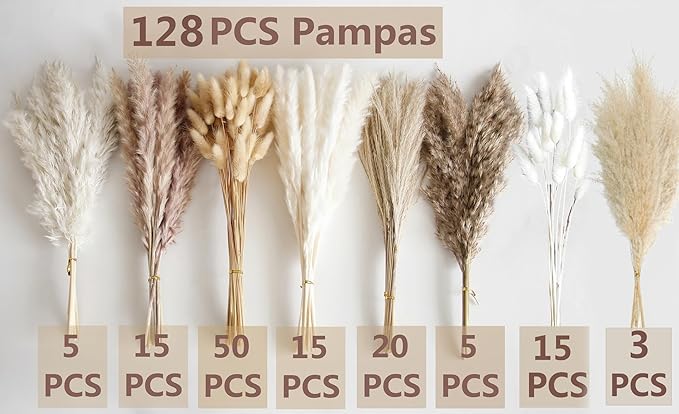 130 PCS Dried Pampas Grass Bouquet, Boho Table Decor, Bunny Tails Dried Flowers, Brown Pampas, Fluffy Pompas, White Pampas Grass for Weddings, Home Decor, Rustic Parties, and Baby Shower Decorations-CasaMuseHome