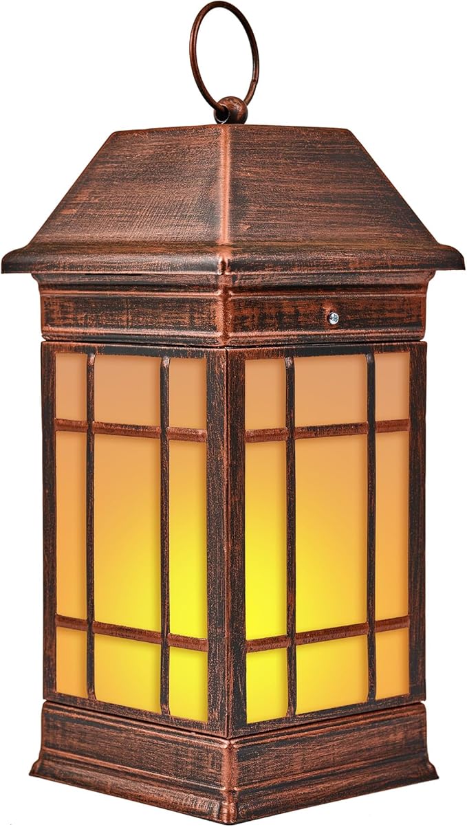 14" Solar Lantern Outdoor Waterproof, Glass Flickering Flame Solar Lanterns, Hanging Metal Lantern Decorative for Patio Front Porch Garden Backyard Tabletop Party Decoration-CasaMuseHome