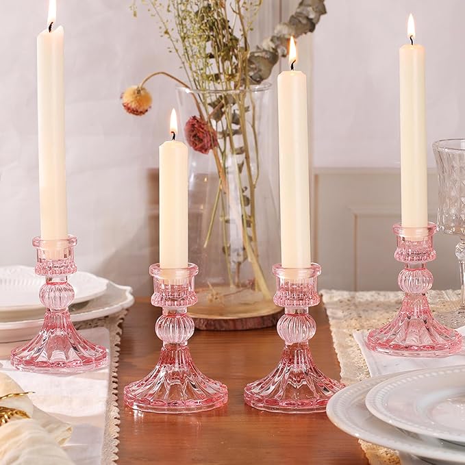 12PCS Pink Candlestick Holders Set- 4" H Taper Candle Holders, Glass Candle Holders Bulk for Wedding, Party, Home Table Centerpieces, Festival Gifts & Windowsill Decor-CasaMuseHome