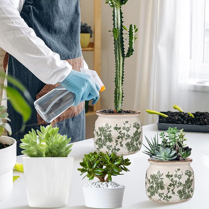 2 Pcs Vintage Planter Large Ceramic Plants Pot Beige Green Vintage Floral Ice Crack Cottage Scroll Vase Flower Vase Pot Indoor Plants Home Kitchen Decor Farmhouse Antique Decorative Gifts-CasaMuseHome