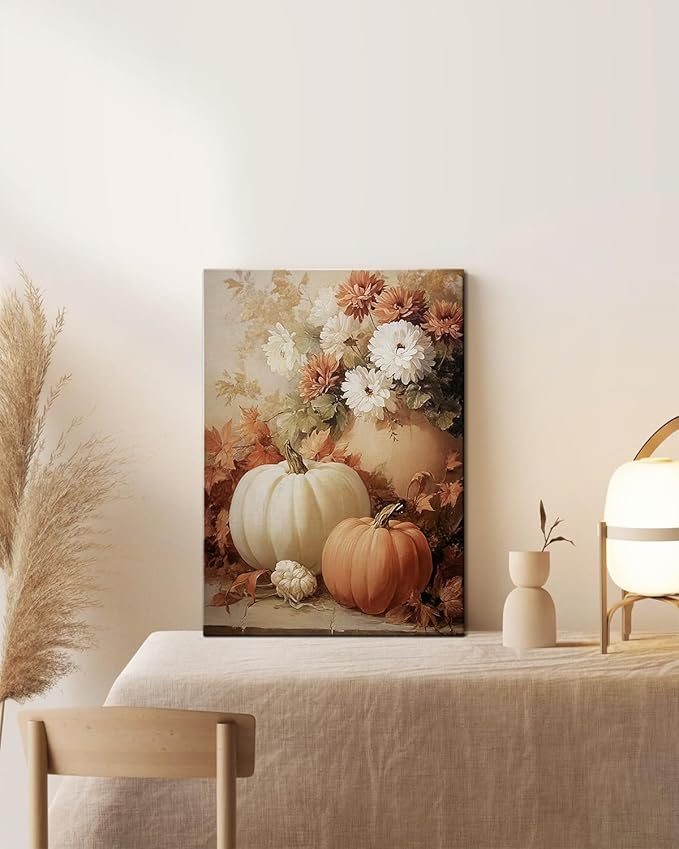 AbcCustomize Fall Wall Art Pumpkin Floral Print, Vintage Thanksgiving Decorations Canvas for Autumn Decor, Rustic Daisy Farmhouse Wall Art Decor for Bedroom Living Room Kitchen, Ready to Hang-CasaMuseHome