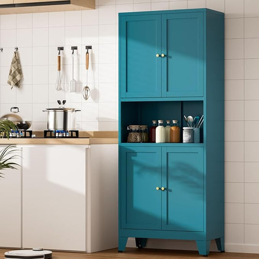69" Tall Kitchen Pantry Cabinet, Metal Storage Cabinet with 4 Doors and Adjustbale Shelves, Freestanding Cupboards for Dining Room, Living Room, Bathroom-CasaMuseHome
