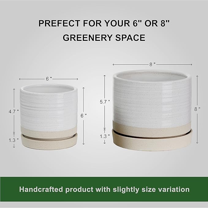 6 + 8 Inch Plant Pots, Ceramic Planter Pot with Drainage Hole & Saucer, Indoor/Outdoor Cylinder Round Planter Pot, Cream & Beige-CasaMuseHome