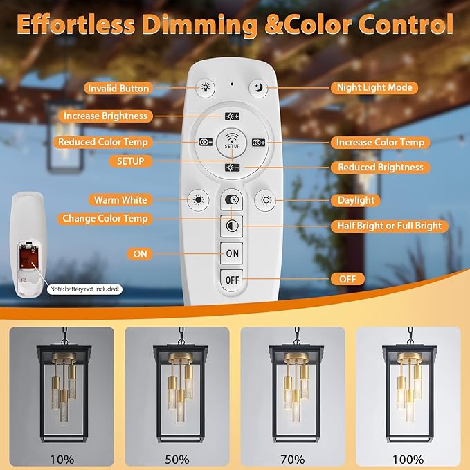 3-Color LED Outdoor Pendant Light with Remote, 3-Light 19" Large Outdoor Chandelier for Porch, Black Gold Exterior Pendant Lighting Fixtures Ceiling Mount Pendant Lantern for Patio Front Door-CasaMuseHome