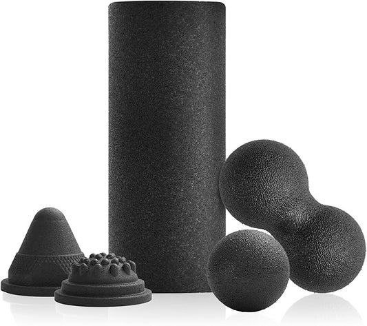 5 in 1 Foam Roller Set with Peanut Massage Ball, Curved Muscle Brush - Yoga Roller, Massage Ball, Trigger Point Triangle for Deep Tissue Relief (Black)-CasaMuseHome