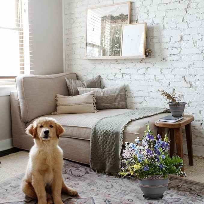 6 Pack 8 Inch Plant Pots, Plastic Flower Pot for Indoor & Outdoor with Drainage Holes & Saucer, Plaid Pattern Planters Garden Pots for Herbs-CasaMuseHome