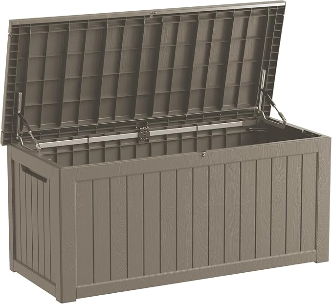 230 Gallon Double-Wall Resin Deck Box - Lockable Waterproof Outdoor Storage Box, 1000lbs Capacity & Doubles as Seating for Patio Furniture - Garden Tools, Pool Accessories (Brown)-CasaMuseHome