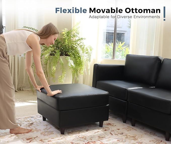 118.5" Faux Leather Modular Sectional Sofa, L Shaped Couch Set for Living Room, 6-Seater Comfy Cloud Couches with Movable Storage Ottoman Black-CasaMuseHome