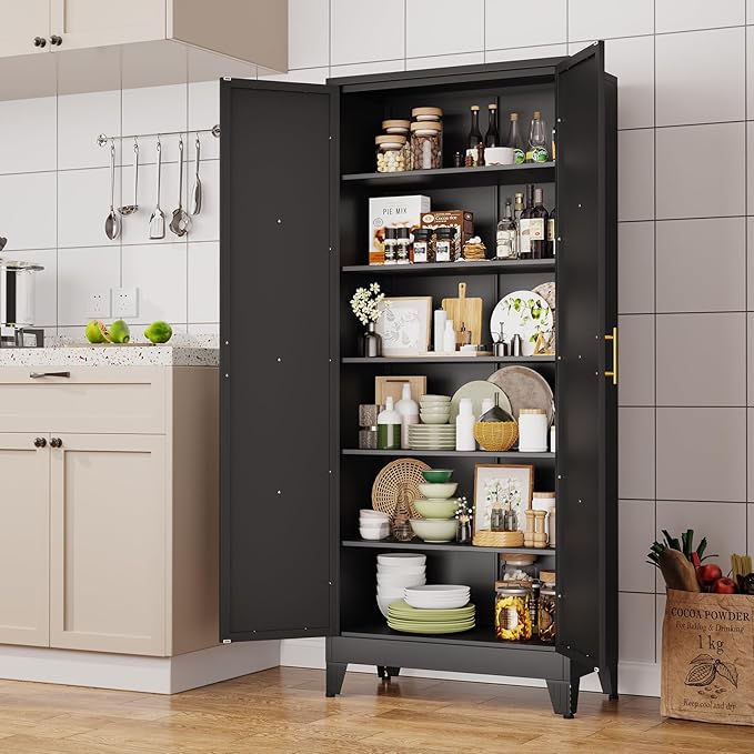 75" Tall Metal Kitchen Pantry Storage Cabinet, Freestanding Cupboard with 2 Doors and 5 Adjustable Shelves, Standing Storage for Kitchen, Bathroom, Garage, Dinning Room or Utility Room（Black）-CasaMuseHome