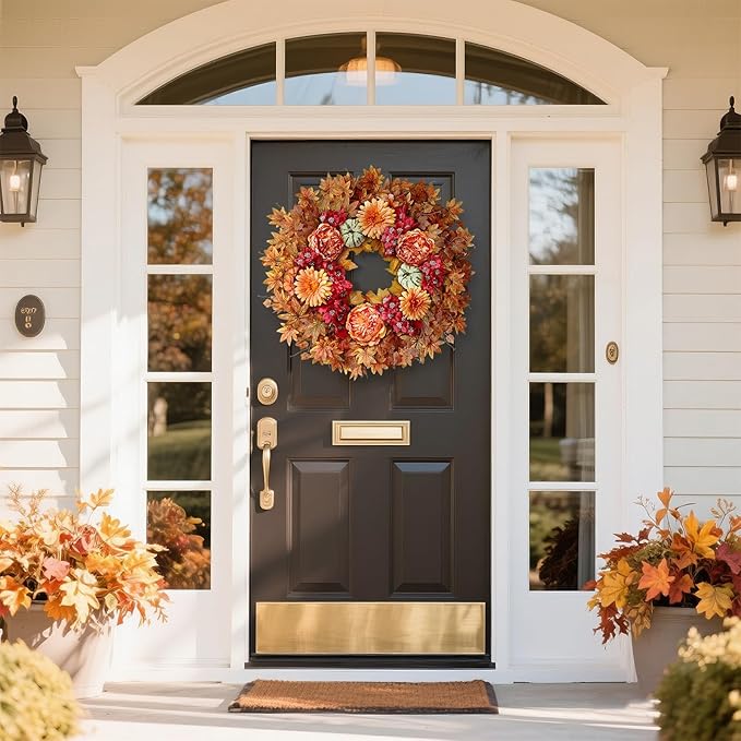 26" Fall Wreath for Front Door - Large Artificial Maple Leaves Fake Silk Peony Faux Pumpkin Outdoor Wreath for Porch, Window,Farmhouse,Home,Thanksgiving Day Harvest Festival Autumn Decor-CasaMuseHome