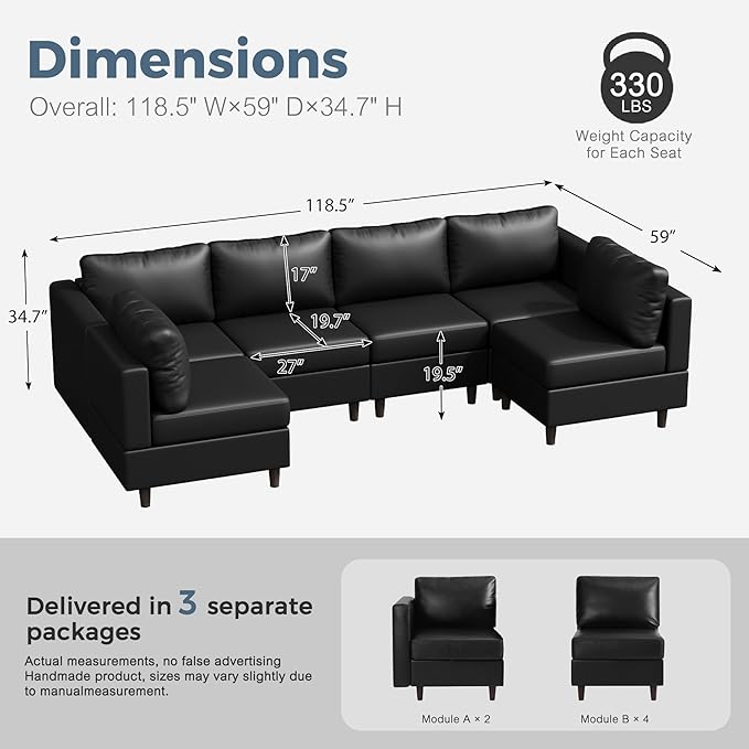 118.5" Faux Leather Modular Sectional Sofa with Storage Seat, Modern 6 Seater Couch Deep Seat with Removable Cover DIY Combination Black-CasaMuseHome