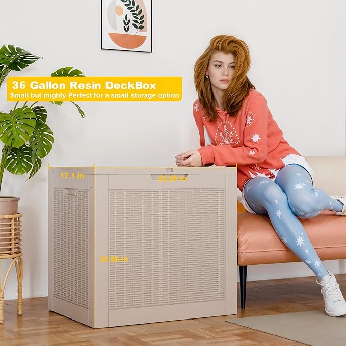 36 Gallon Outdoor Deck Box,Storage Lockable Waterproof Patio Furniture,Garden Tools,Cushions,Pool Accessories Outside Storage Resin Box(Grey Pattern)-CasaMuseHome