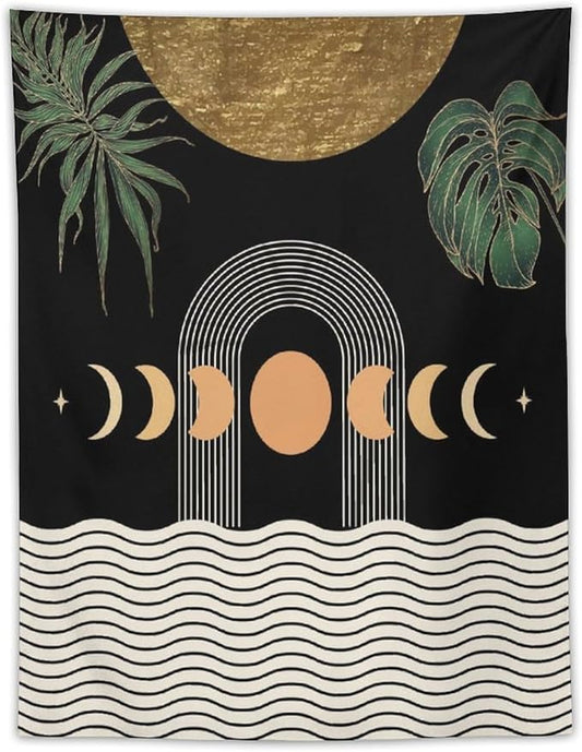 Abstract Boho Tapestry, Mid Century Tropical Tree Leaves Modern Geometric Arch Bohemian Botanical Tapestry, Home Aesthetic Wall Hanging Art Decor for Living Room Bedroom Dormitory 60x60 Inch-CasaMuseHome