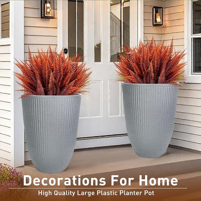 2 Pcs Pack 18.5 Inches Heavy Duty Plastic Resin Tall Tapered Planter Pots Large Round Planter Flower Pot with Drainage Holes for Indoor Outdoor Deck Porch Garden Home Patio Front Door (Light grey, M)-CasaMuseHome