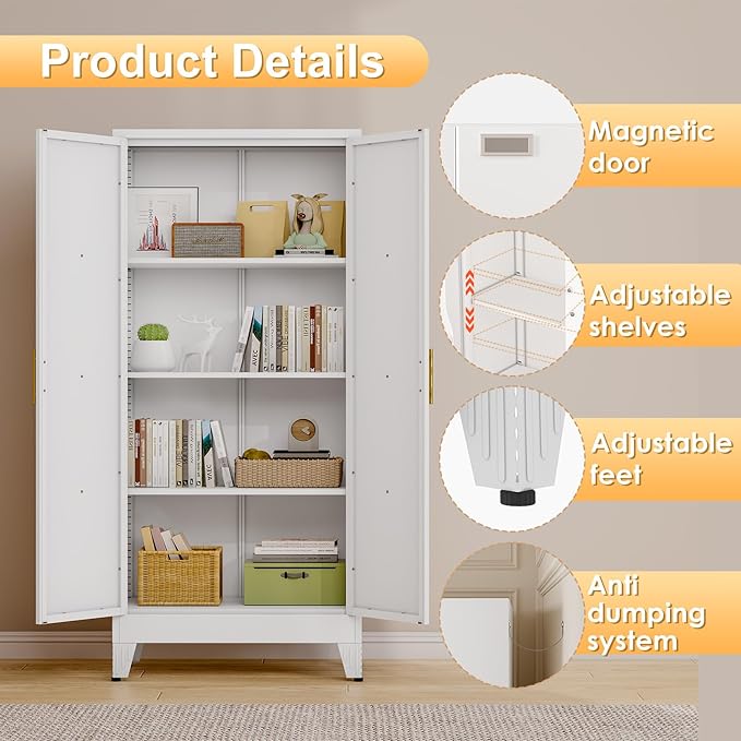 61" H Metal Kitchen Pantry Storage Cabinet, Freestanding Cupboard with 2 Doors and 3 Adjustable Shelves, Standing Storage for Kitchen, Bathroom, Garage, Dinning Room or Utility Room（White）-CasaMuseHome