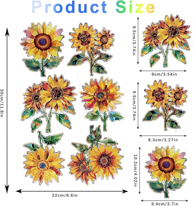 12pcs Window Decals for Bird Strikes, Anti Collision Window Clings, Rainbow Reflection Window Sticker, Sunflower Style Sun Catcher Stickers for Glass Windows-CasaMuseHome
