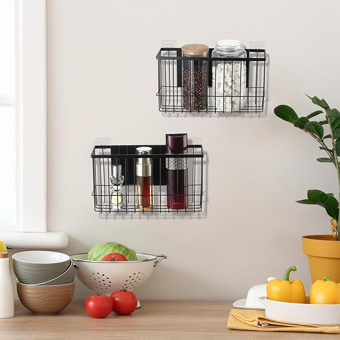 3 Pcs Magnetic or Adhesive Refrigerator Organizer Magnetic Baskets Kitchen Holder for Refrigerator Metal Shelf Rack Storage with 2 Types of Installation(Black)-CasaMuseHome