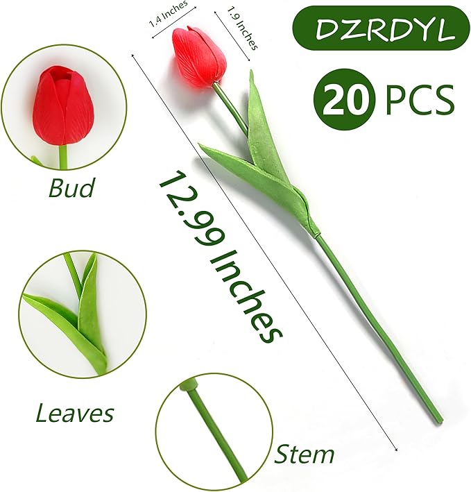 20pcs Red Artificial Tulip Fake Flower 12.9 Inch Spring Mother's Day Easter Gift for Home Kitchen Wedding Decoration-CasaMuseHome