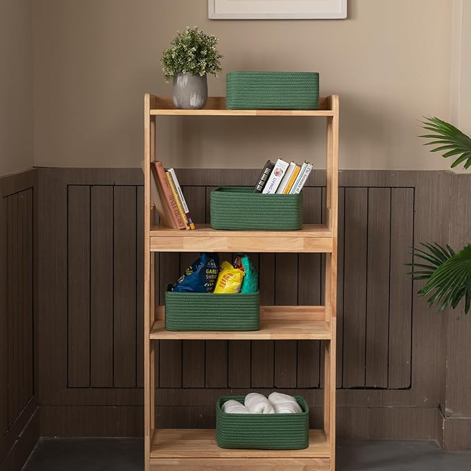 4 Pack Small Storage Shelf Baskets for Organizing, Mini Woven Rope Storage Bins for Towels, Cute Decorative Closet Organizer，Baby Nursery, Gift Empty Baskets -13''Lx8.66''Wx5.11''H-Green-CasaMuseHome