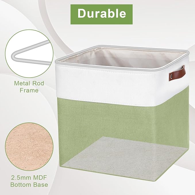 13x13 Cube Storage Bins, Collapsible Fabric Storage Box, 4 Pack Closet Baskets with Handles for Organizing, Shelf, Toys, Clothes, Home, Office, Nursery (Green&White)-CasaMuseHome
