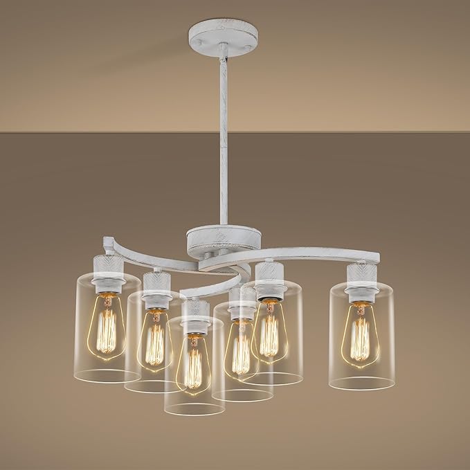 6-Light Antique White Chandelier with Clear Glass Shade, French Country Chandeliers for Dining Room, Adjustable Height Hanging Farmhouse Pendant Lighting for Kitchen Island Entryway Office-CasaMuseHome