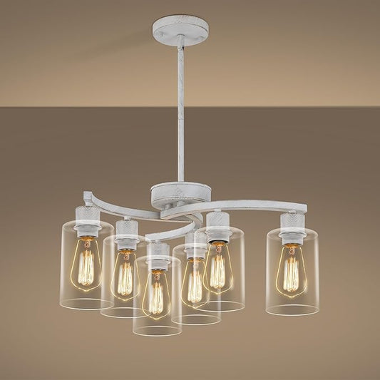 6-Light Antique White Chandelier with Clear Glass Shade, French Country Chandeliers for Dining Room, Adjustable Height Hanging Farmhouse Pendant Lighting for Kitchen Island Entryway Office-CasaMuseHome