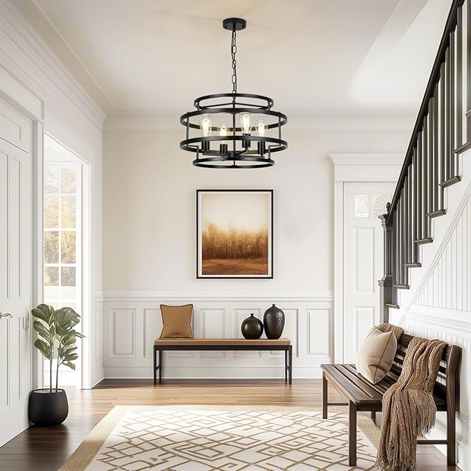 4-Light Black Chandelier for Dining Room, 19.7" Modern Farmhouse Pendant Light with Geometric Metal Frame, Industrial Flush Mount Ceiling Light for Living Room, Bedroom, Kitchen Island, Hallway, Foyer-CasaMuseHome