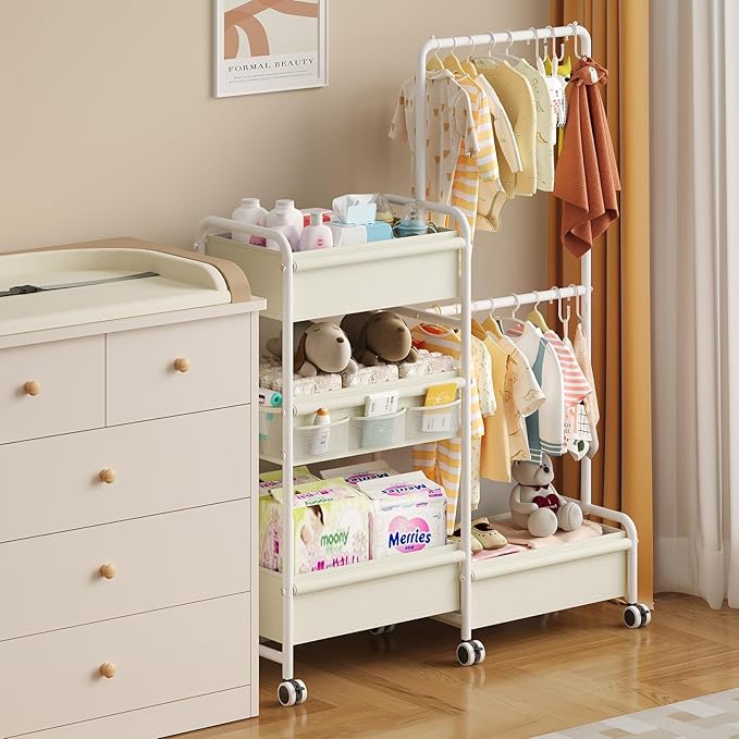 2in1 Baby Diaper Caddy & Clothes Organizer and Storage Rolling Cart, Large Capacity Nursery Organization For Baby Dresser,Changing Table, Crib, With 2 Dividers & 7 Pockets,White-CasaMuseHome